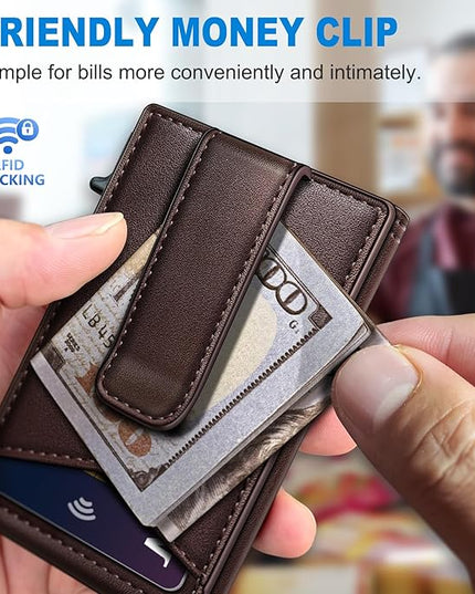 miyozi Airtag Wallet for Men Money Clip 9-Card Pop-Up Credit Card Holder with ID Window RFID Blocking Metal Case Magnetic Closure Front Pocket Wallet Gift Box