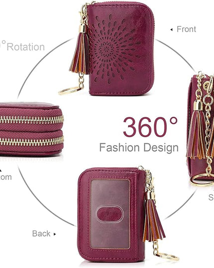 APHISON RFID Credit Card Holder Zipper Card Case Keychain Small Wallet for Women 1942-2 PURPLISH-RED