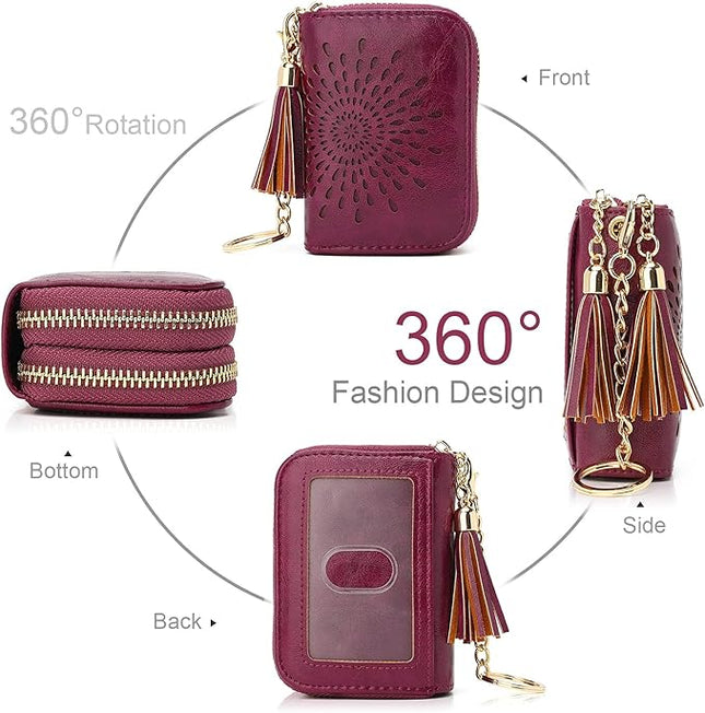 APHISON RFID Credit Card Holder Zipper Card Case Keychain Small Wallet for Women 1942-2 PURPLISH-RED