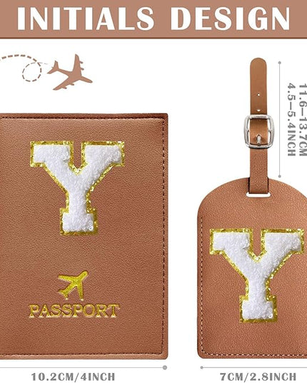 COSHAYSOO Brown Initial Passport Cover Holder and Luggage Tag Set TSA Approved with Chenille Letter Patch ABC for Women Teenage Girls, Travel Essentials Must Have Stuff Bag Suitcase Identifier (Y)
