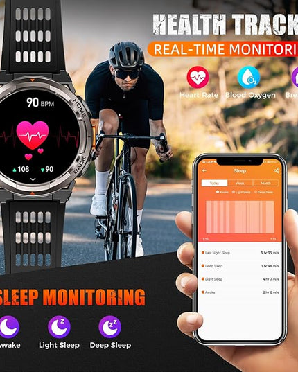 KE5 Military Smart Watch for Men with Flashlight SOS 3ATM Waterproof Watch 530mAh Big Battery 1.45" Rugged Tactical Smartwatch with Compass Elevation Barometer Fitness Watch for iPhone (Grey+2 Camo)