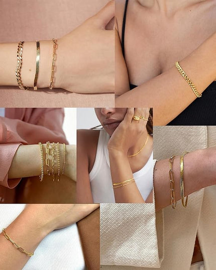 Gold Bracelets Set for Women Stack, Dainty Thick Bracelets Stack for Women Trendy, Simple Thin Gold Plated Cuff Stackable Bracelets With Beaded Cuban Paperclip Snake Rope Bangle Hand Chain Jewelry Gifts for Women Non Tainish