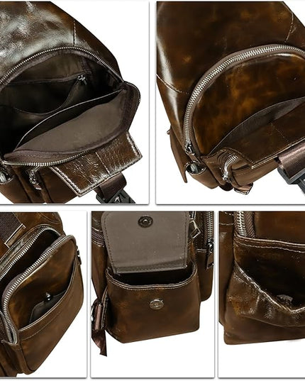 Genuine Leather Sling Bag for Men and Women Handmade Sling Backpack Purse Chest Over Shoulder Crossbody Bag Large Capacity (Coffee)