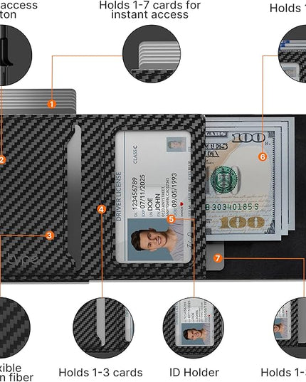 Mens Smart Wallet Card Holder for AirTag: Leather, Compatible with Apple Air Tag, RFID Blocking, Slim, Carbon Fiber, Minimalist - 9-14 Card Capacity | ID Window | Cash Slot (Black)