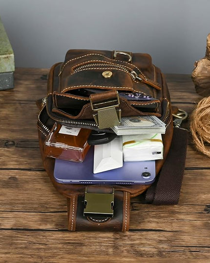 Genuine Leather Hiking Travel DayPack Sling Crossbody Triangle Chest Pack Bag For Men Women 8241