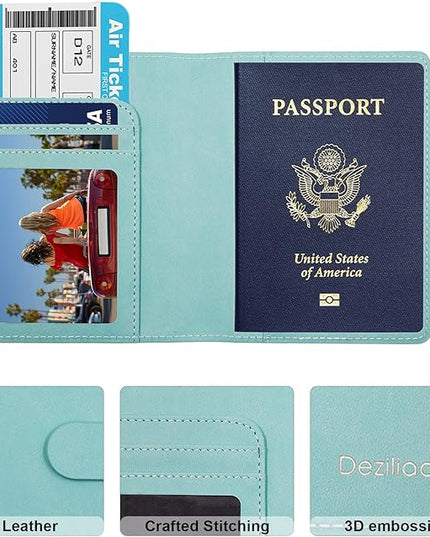 Deziliao Passport Holder,Passport Holder Card Slots, Passport and Vaccine Card Holder Combo, Cute Passport cover for Women and Men, with Waterproof Rfid Blocking, Passport Travel Wallet(Aqua Green)
