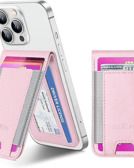 Phone Wallet Stick On, Upgraded Phone Wallet with Adjustable Stand, Open ID Window, 8-Card Holder, Stronger 3M Adhesive Credit Card Holder for Back of Phone Case, iPhone, Samsung and Android, Pink