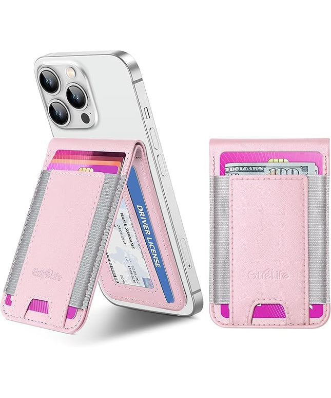 Phone Wallet Stick On, Upgraded Phone Wallet with Adjustable Stand, Open ID Window, 8-Card Holder, Stronger 3M Adhesive Credit Card Holder for Back of Phone Case, iPhone, Samsung and Android, Pink