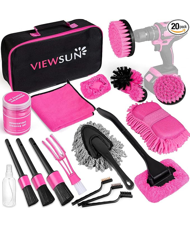 Viewsun 20PCS Car Cleaning Kit, Pink Car Interior Detailing Kit with Drill Brush Set, Windshield Cleaning Tool, Detailing Brushes, Wire Brushes, Cleaning Gel, Complete Cleaning Supplies for Women