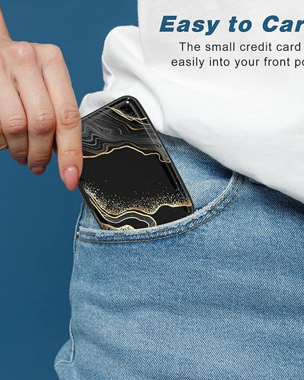 Atufsuat Credit Card Holder, Mini Aluminum Card Wallet RFID Blocking Slim Metal Hard Card Case for Women Men, Black Gold