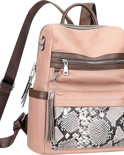 ALTOSY Genuine Leather Backpack Purse for Women Convertible Shoulder bag Soft Crossdody Bag with Laptop Compartment Large (S108 Dark Pink/Coffee/Grey)