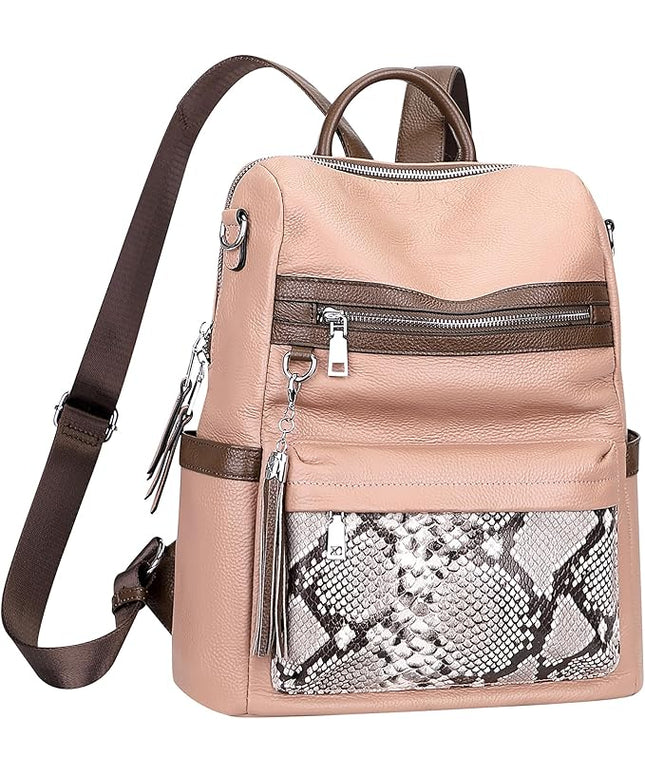 ALTOSY Genuine Leather Backpack Purse for Women Convertible Shoulder bag Soft Crossdody Bag with Laptop Compartment Large (S108 Dark Pink/Coffee/Grey)