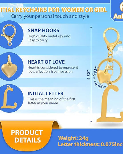 A-Z Heart Initial Letter Keychain, Stainless Steel Alphabet Charm for Handbags, Gift for Women and Girls