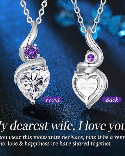 ANDSO Moissanite Heart Pendant Necklaces for Women, 925 Sterling Silver Necklace with Birthstone, Ideal Anniversary Present or Birthday Christmas Valentine Jewelry Gifts for Mom Wife Her Girlfriend