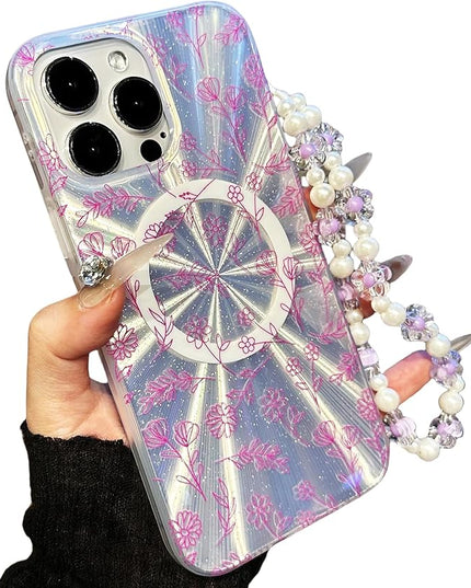 Compatible with iPhone 15 Pro Cases,Cute Flower Phone case with Floral Pearl Chain,Compatible MagSafe Silicone Shockproof Phone case for Women and Teenage Girls.