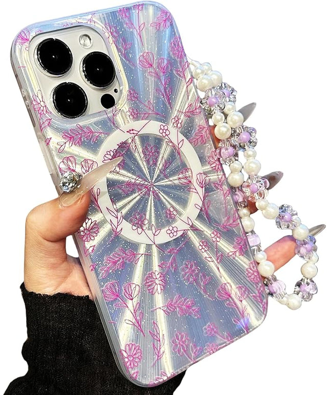 Compatible with iPhone 15 Pro Cases,Cute Flower Phone case with Floral Pearl Chain,Compatible MagSafe Silicone Shockproof Phone case for Women and Teenage Girls.