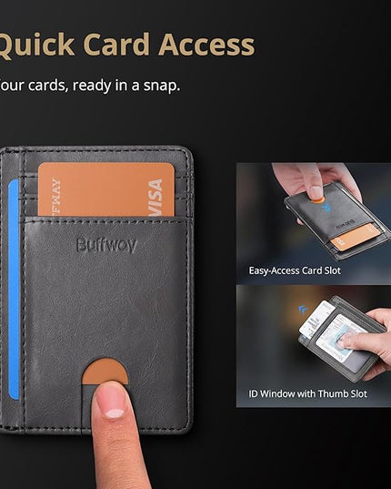 Buffway Slim Minimalist Front Pocket RFID Blocking Leather Wallets for Men and Women - Alaska Grey