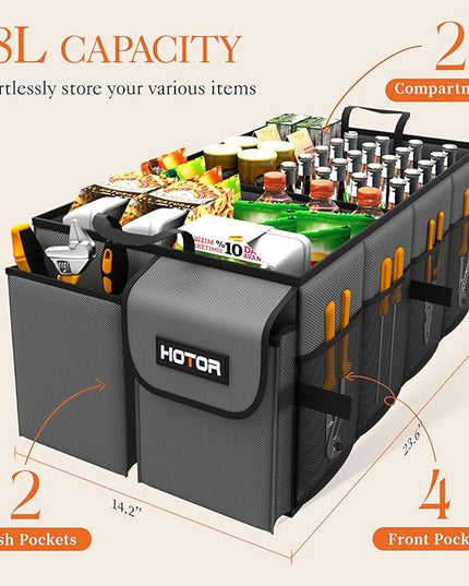 HOTOR Foldable Trunk Organizer - SUV & Sedan Compatible, Sturdy 2-Compartment Grey Car Accessory Organizer, 23.6"14.2"10.6"