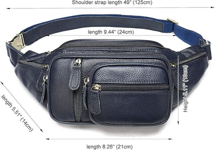 Genuine Leather Fanny Pack large capacity Crossbody Waist Bag with Zipper phone Pockets dark blue