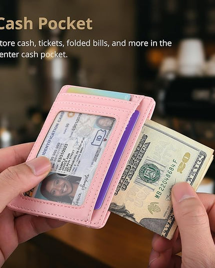 Buffway Slim Minimalist Front Pocket RFID Blocking Leather Wallets for Men and Women - Alaska Pink