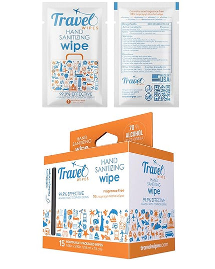 Hand Sanitizing Travel Wipes – 15ct Individually Wrapped | Fragrance-Free, Moisturizing, 70% Isopropyl Alcohol Wipes | Travel, Home, Office, Daily Use | Made in USA
