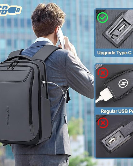 FENRUIEN Work Backpack for Men,Water Resistant Smart Backpack with USB Charging Port,Grey Laptop Bag 15.6 Inch