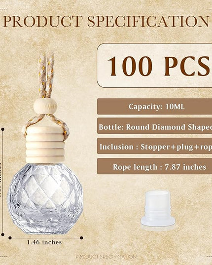 BBTO 100 Pcs Car Air Fresheners Diffuser with Wooden Cap - Empty Aromatherapy Diffuser Clear Fragrance Holder Pendant Hanging Perfume Fresheners for Car Decor (Clear Round Diamond)