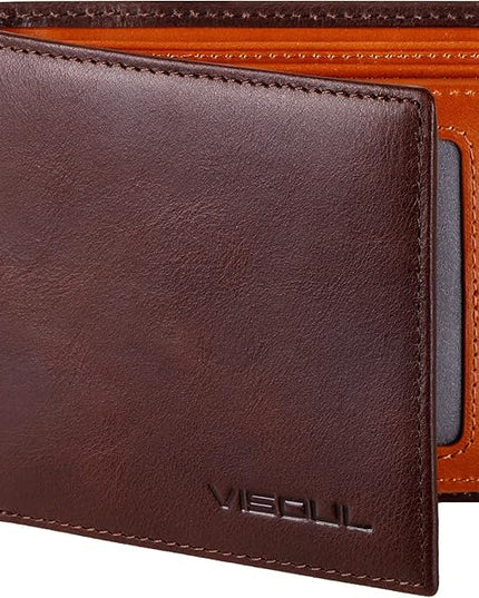 VISOUL Men's Leather RFID Blocking Wallet Extra Capacity, Bifold Security Wallet for men with 2 ID Windows 8 Card Slots 2 Cash Compartments (Coffee and Dark Orange)