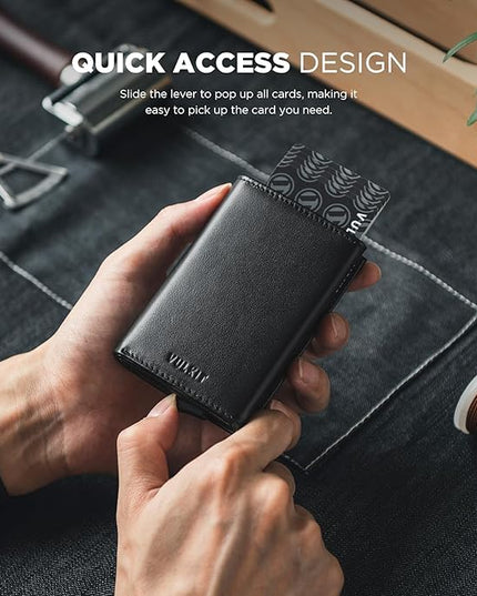 VULKIT Pop up Card Wallet Minimalist Cash Wallets RFID Blocking Leather Smart Credit Card Holder with ID window for Men