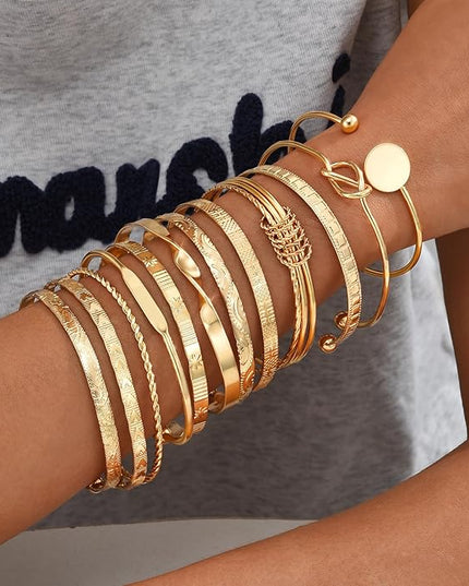 ÌF ME Gold Bangle Bracelets for Women, Indian Bangles Stackable Set, Multi Layer Textured 14K Gold Plated Chunky Bracelets Boho Jewelrys Set