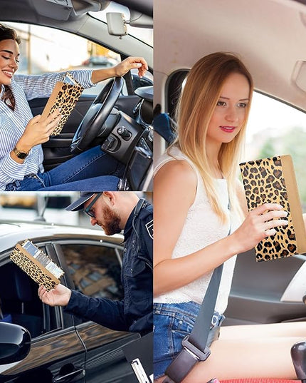 Car Registration and Insurance Holder with Magnetic Closure, Universal Document Organizer for License, Insurance Cards & Glove Box Storage (Leopard-Brown)