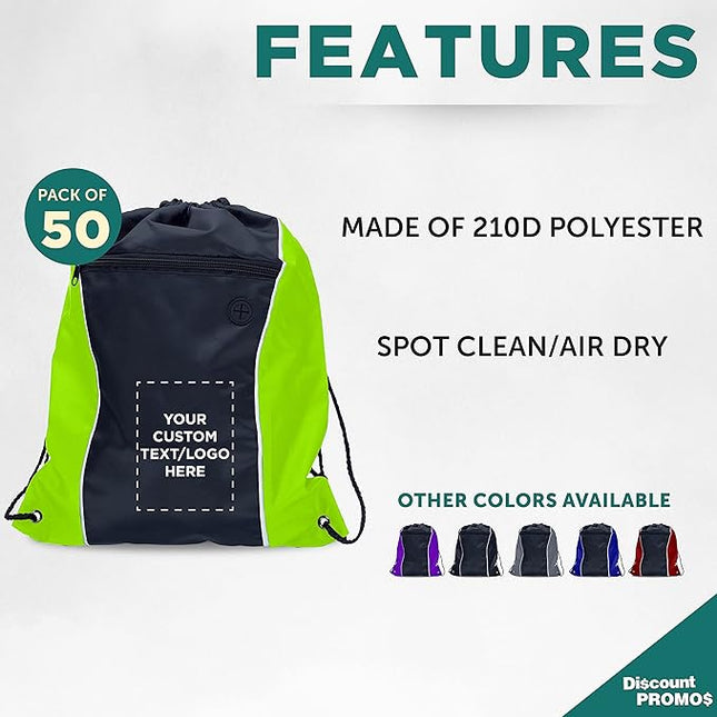 DISCOUNT PROMOS Two-Tone Drawstring Backpack Non-Woven -50 pack - Customizable Text, Logo - Durable Sports Backpacks- Ideal for Work, Sports, Travel, Gym & More - Lime Green