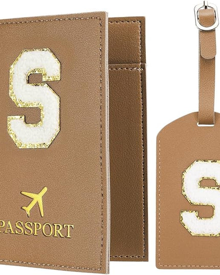 PATIKIL Passport Holder for Travel, Initial Passport Cover and Luggage Tag Set with Alphabet Chenille Letter Patch Travel Wallet Bag Suitcase Identifier for Women Family Travel Brown S