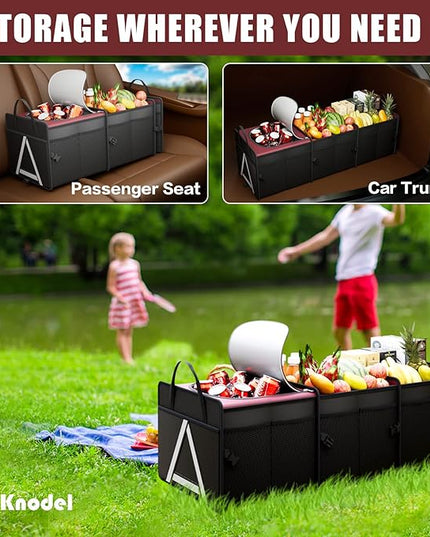 K KNODEL Sturdy Car Trunk Organizer with Premium Insulation Cooler Bag, 3 Compartments Heavy Duty Collapsible for Car, SUV, Truck, or Van (Large, Red)