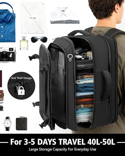 Travel Backpack,Expandable Carry on Backpack 40-50L with USB Cable Port,Fits 17.3 Inch Laptop Notebook,Water Resistant Weekender Travel Laptop Backpack for Men Women Business Trips,Daily Travel,Black
