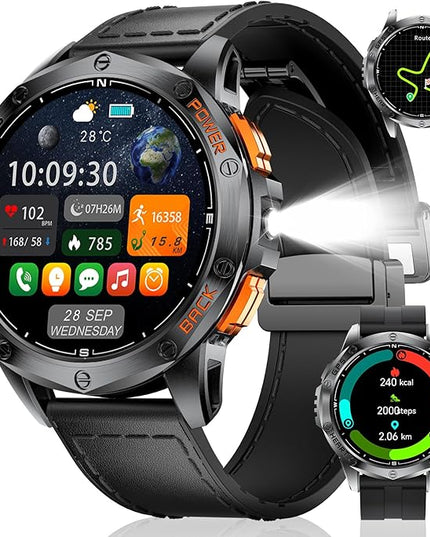 LIGE GPS Smart Watches for Men, Bluetooth Call, LED Flashlight, Compass, 1.43" AMOLED Fitness Watch with Heart Rate/Sleep Monitor, 100+ Sports Modes, iOS Android Compatible, Military Outdoor, Black