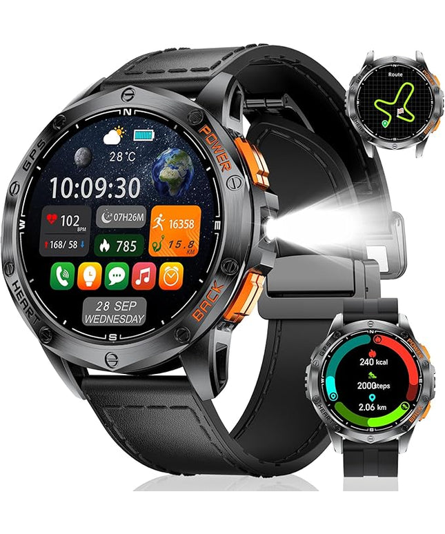 LIGE GPS Smart Watches for Men, Bluetooth Call, LED Flashlight, Compass, 1.43" AMOLED Fitness Watch with Heart Rate/Sleep Monitor, 100+ Sports Modes, iOS Android Compatible, Military Outdoor, Black