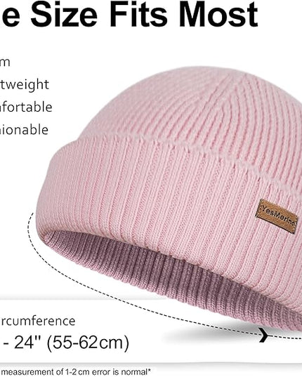 100% Merino Wool Fisherman Beanie for Men Women, Short Knit Cuff Trawler Winter Hat, Warm Soft Outdoor Gift