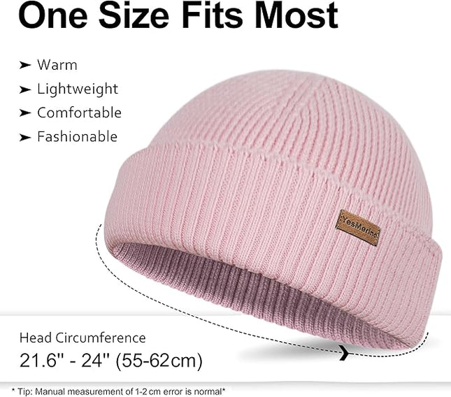 100% Merino Wool Fisherman Beanie for Men Women, Short Knit Cuff Trawler Winter Hat, Warm Soft Outdoor Gift