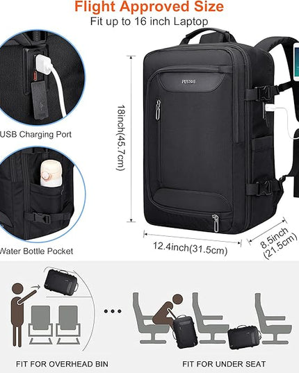 PIJUSHI Travel Backpack for Women Men Flight Approved Carry on Bag 16 inch Laptop Personal Item Daypack with Shoe Compartment(PE038 Black)