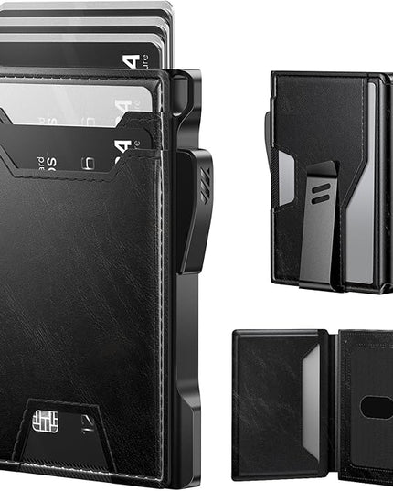 typecase Wallet for Men: Rfid Blocking Wallet 9-13 Card Capacity with Money Clip Slim Leather Front Pocket Smart Pop Up Card Case Bifold Minimalist Wallet with Gift Box - Atlanta Black