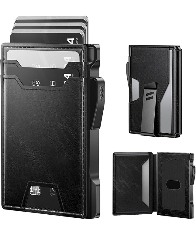 typecase Wallet for Men: Rfid Blocking Wallet 9-13 Card Capacity with Money Clip Slim Leather Front Pocket Smart Pop Up Card Case Bifold Minimalist Wallet with Gift Box - Atlanta Black