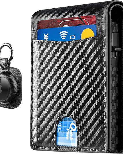 2025 Upgraded Minimalist Wallet for Men - RFID Blocking Credit Card Holder Case Leather Pop Up Aluminum Wallet with Cash Slot, Front Pocket ID Window Gift Boxed (Carbon Fiber - with Airtag Holder)