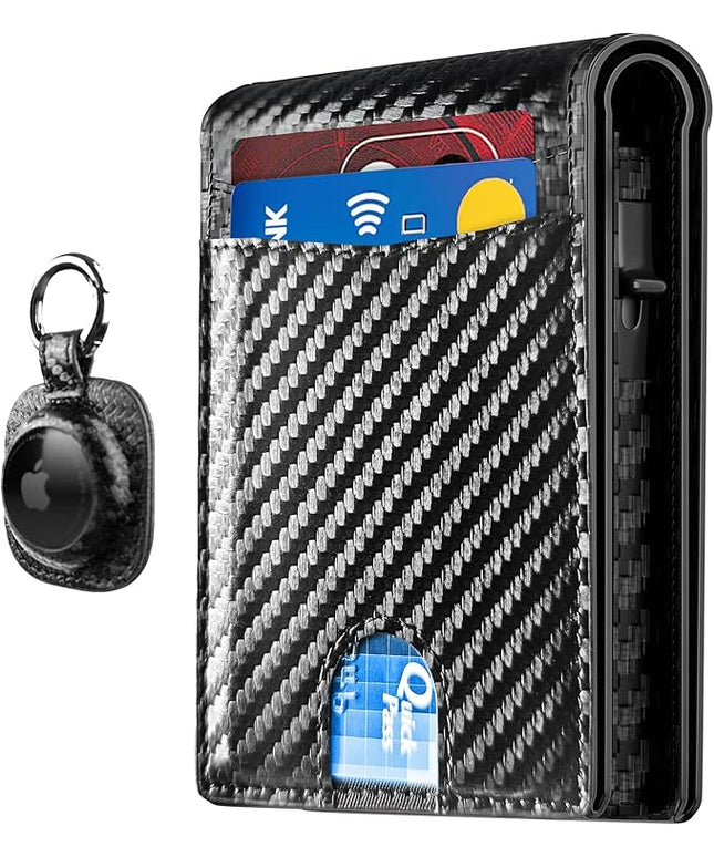 2025 Upgraded Minimalist Wallet for Men - RFID Blocking Credit Card Holder Case Leather Pop Up Aluminum Wallet with Cash Slot, Front Pocket ID Window Gift Boxed (Carbon Fiber - with Airtag Holder)
