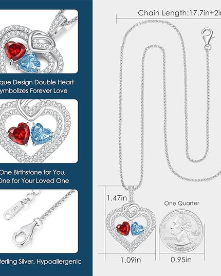 LOUISA SECRET Sparkling Double Heart Birthstone Necklaces for Women, 925 Sterling Silver Fine Jewelry, Pendant Heart Necklaces Birthday Anniversary Christmas Gift for Women Wife Mom Girlfriend Lady