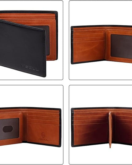 VISOUL Mens Bifold Wallet with 2 ID Windows and 2 Money Compartments, Genuine Leather Designer Wallet with RFID Blocking, Stylish Two-tone Back Wallet for Men (Black and Orange)