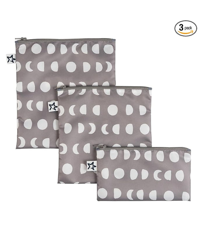 Tiny Twinkle Reusable Snack Bags for Kids – 3 Pack Snack Pouches & Sandwich Bag for Toddlers – Machine Washable, Mess-Proof for Lunch & Travel (Luna)