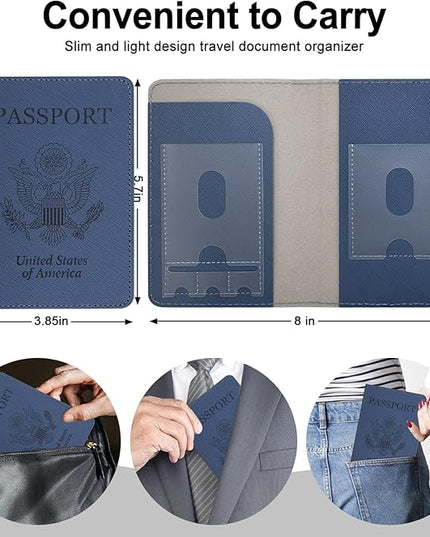 RSAquar Passport Holder for Women and Men, Premium PU Leather Travel Passport Wallet RFID Blocking Passport Cover Travel Documents Organizer (JD-Blue)