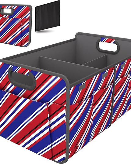 Homeve Trunk Organizer, Car Storage, Reinforced Handles, Collapsible Multi-Compartment, Foldable, Waterproof, Sturdy, 600D Oxford Polyester For Car, SUV, Mini-Van, Red Blue Twill, 2 Compart