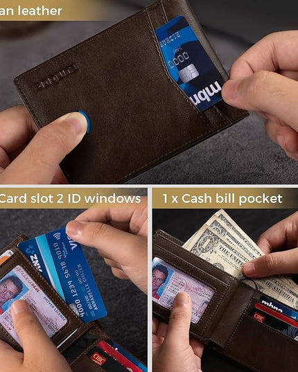 RUNBOX Wallet for Men Bifold RFID Blocking Wallets with 2 ID Window 14 Card Holders 1 cash pocket 1 Gift Box